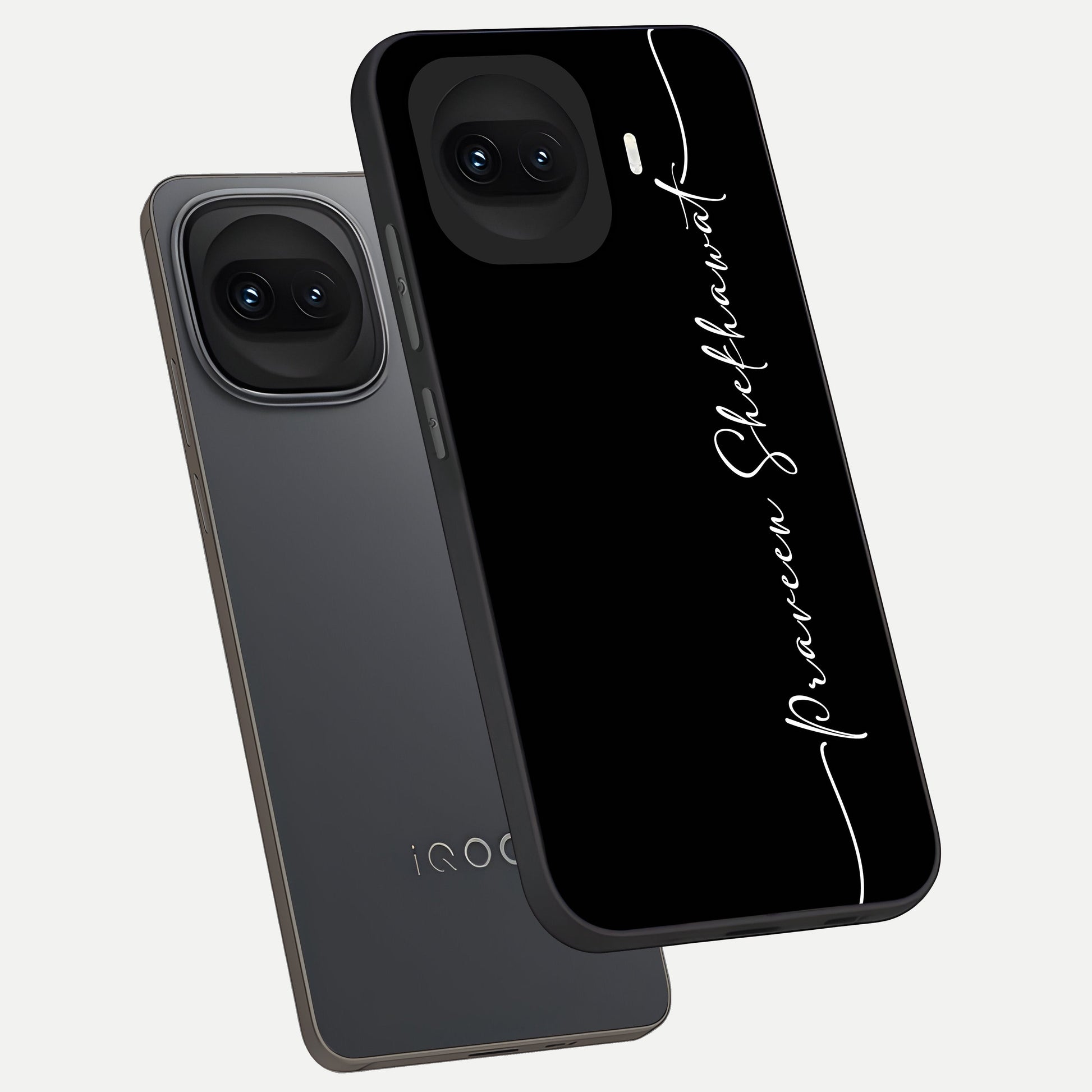  Black Tune Custom Name phone case for iQOO 15R showing premium glass back cover with detailed artwork