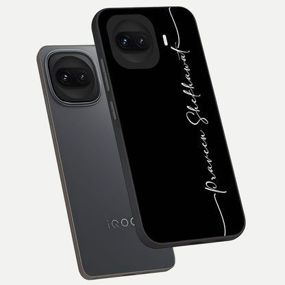  Black Tune Custom Name phone case for iQOO 15R showing premium glass back cover with detailed artwork