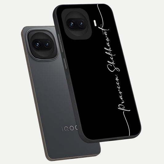  Black Tune Custom Name phone case for iQOO 15R showing premium glass back cover with detailed artwork