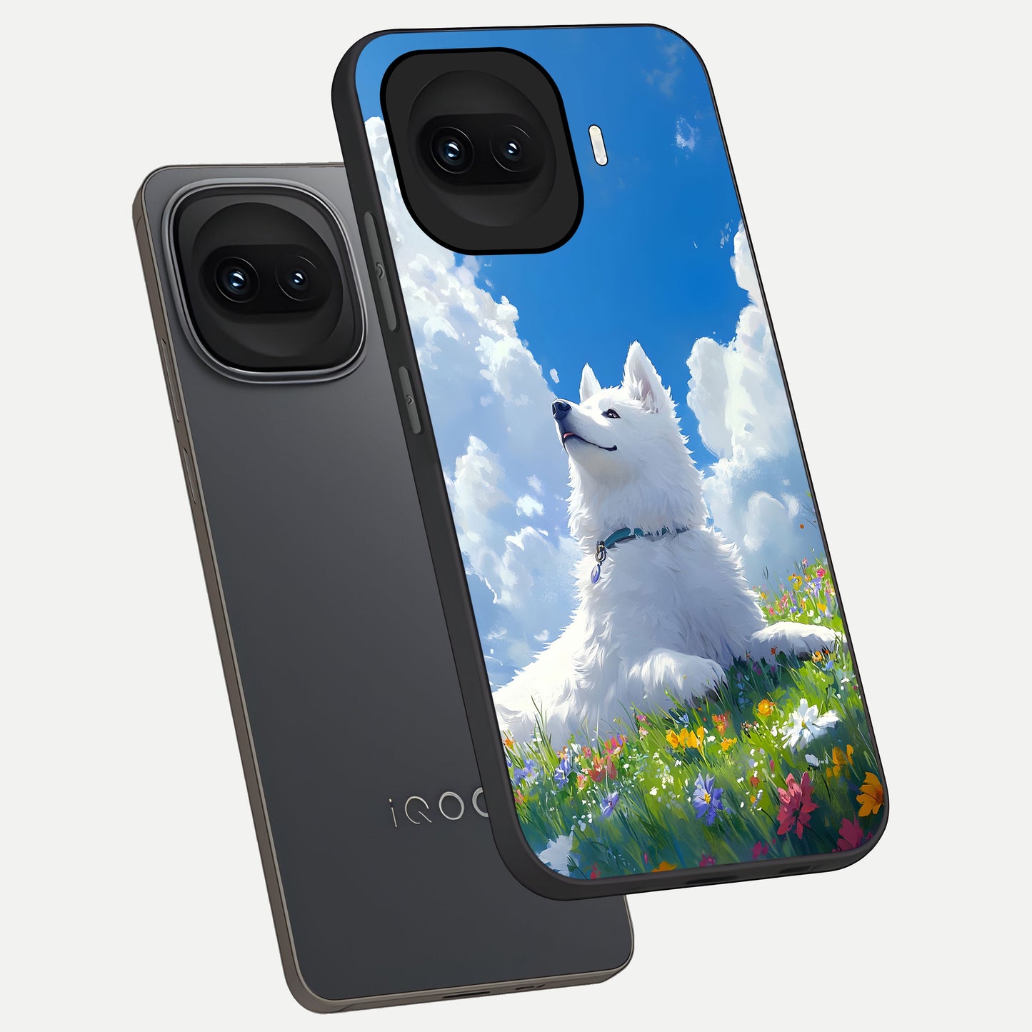  Blissful Cloud Pup phone case for iQOO 15R showing premium glass back cover with detailed artwork