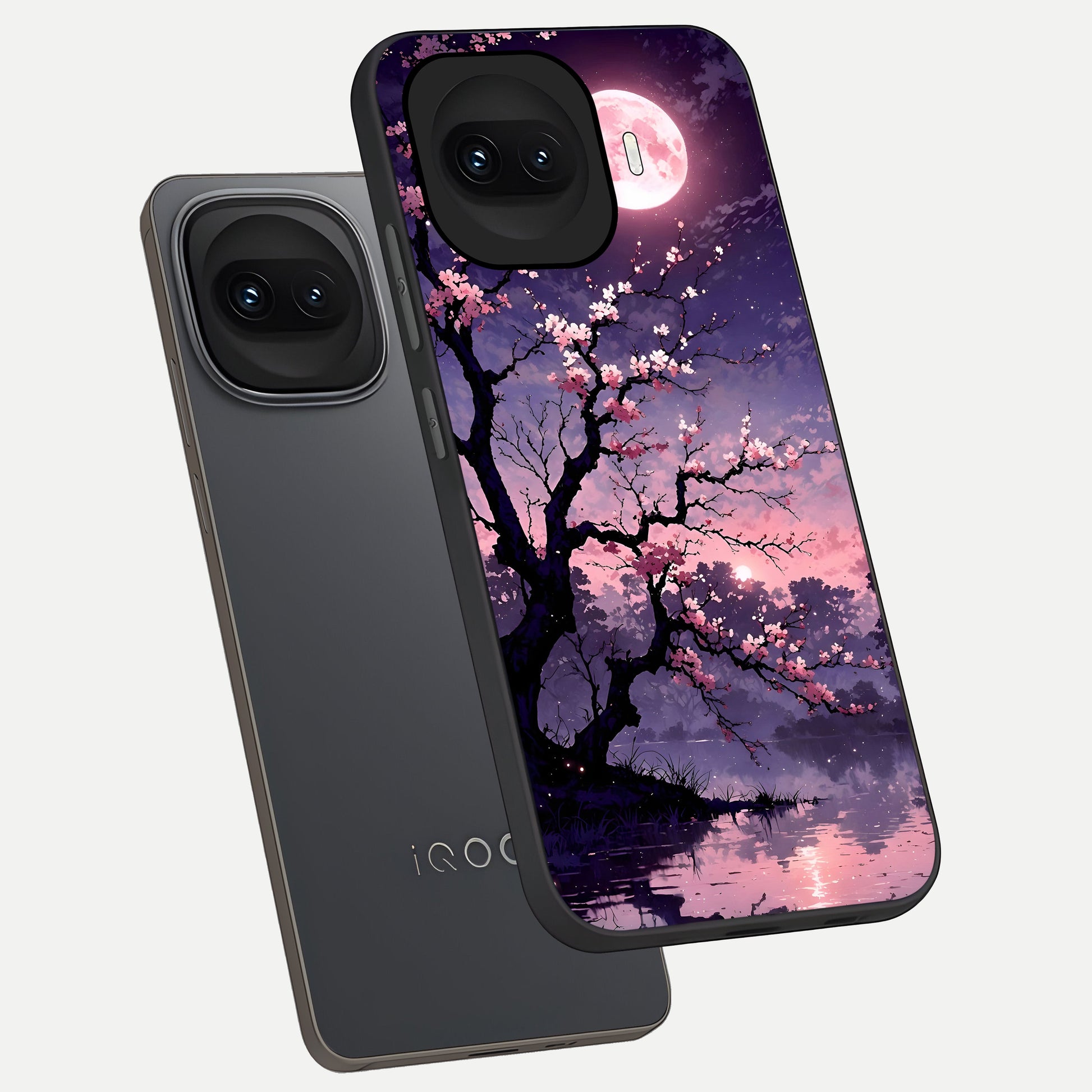 Blossom Pink Moon phone case for iQOO 15R showing premium glass back cover with detailed artwork