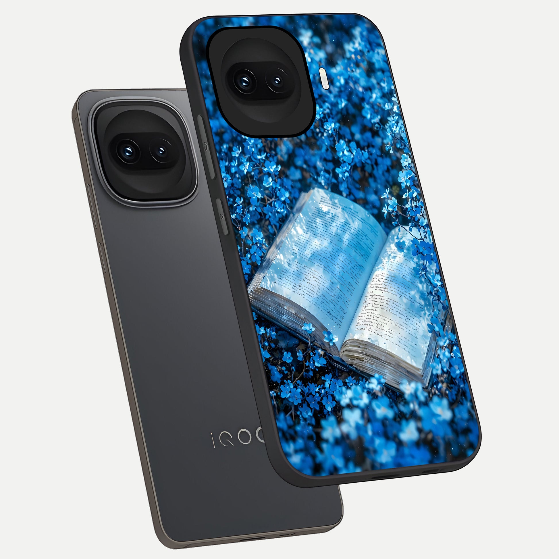  Blue Bloom Tales phone case for iQOO 15R showing premium glass back cover with detailed artwork
