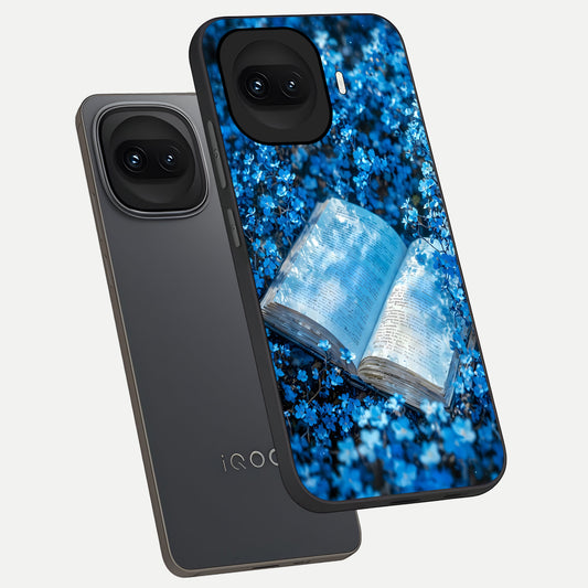  Blue Bloom Tales phone case for iQOO 15R showing premium glass back cover with detailed artwork