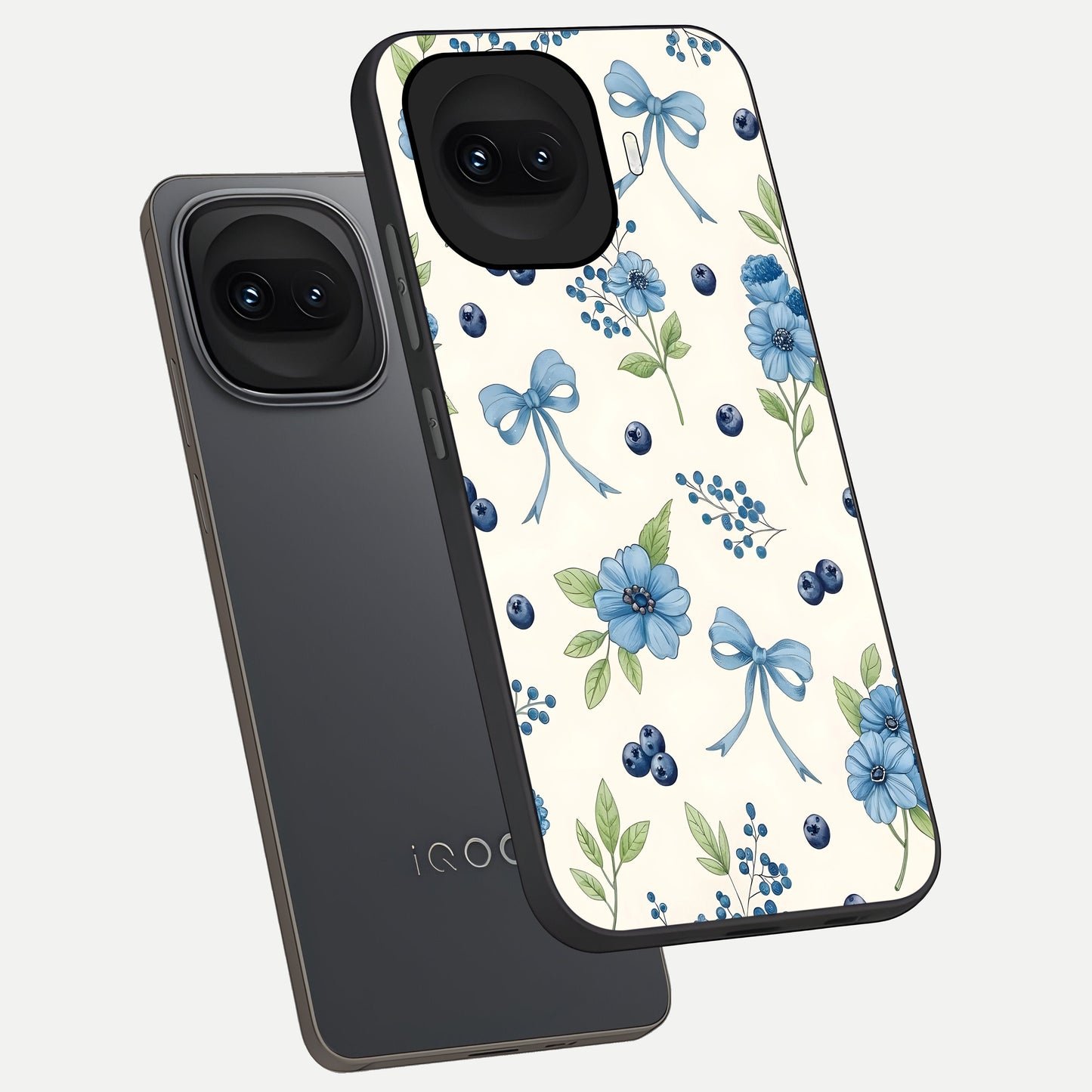  Blue Flower And Bow phone case for iQOO 15R showing premium glass back cover with detailed artwork