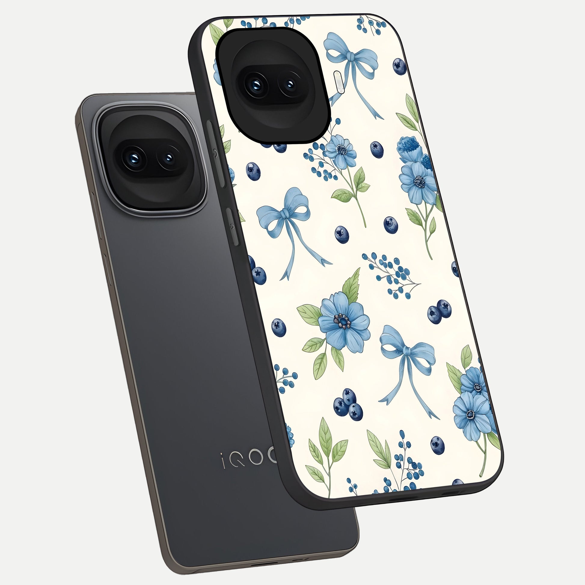  Blue Flower And Bow phone case for iQOO 15R showing premium glass back cover with detailed artwork