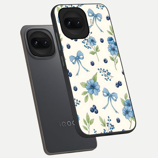  Blue Flower And Bow phone case for iQOO 15R showing premium glass back cover with detailed artwork