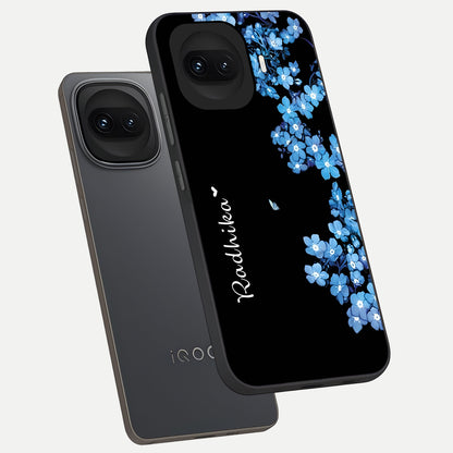  Blue Petal Dream Custom Name phone case for iQOO 15R showing premium glass back cover with detailed artwork