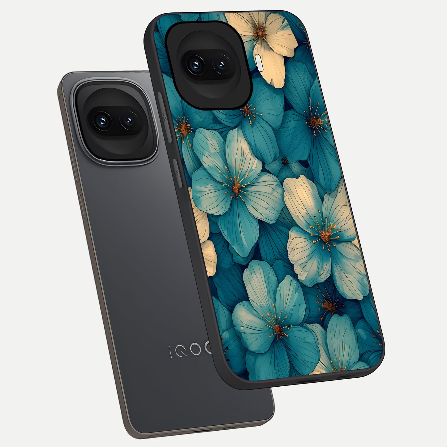  Blue Shade Floral phone case for iQOO 15R showing premium glass back cover with detailed artwork