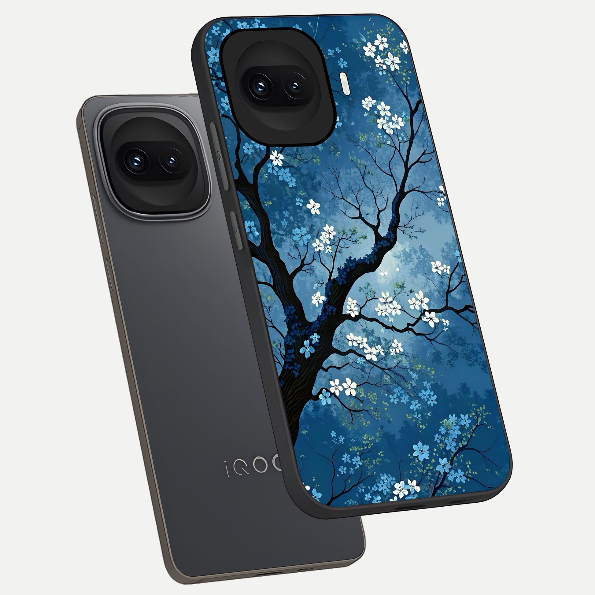  Blue Tree Serenity phone case for iQOO 15R showing premium glass back cover with detailed artwork
