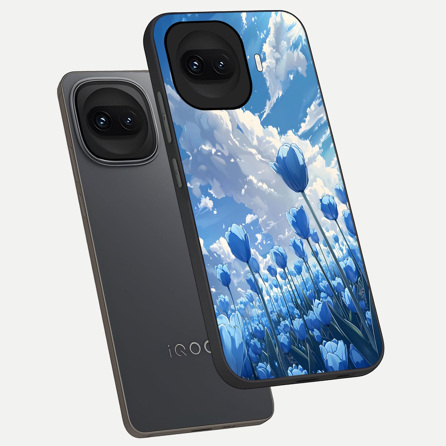  Blue Tulip Clouds phone case for iQOO 15R showing premium glass back cover with detailed artwork