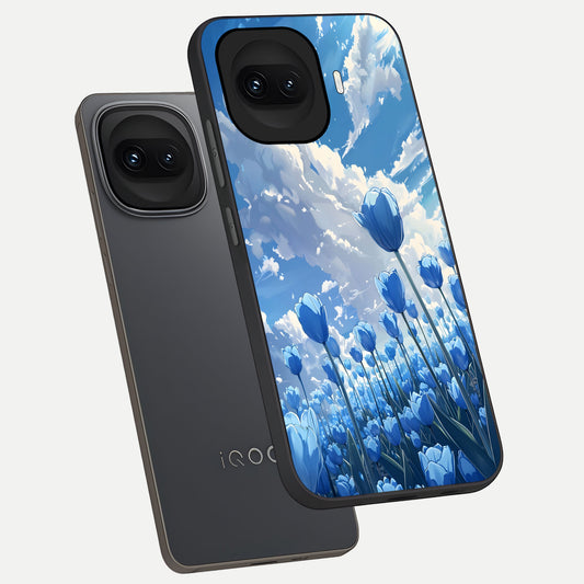  Blue Tulip Clouds phone case for iQOO 15R showing premium glass back cover with detailed artwork
