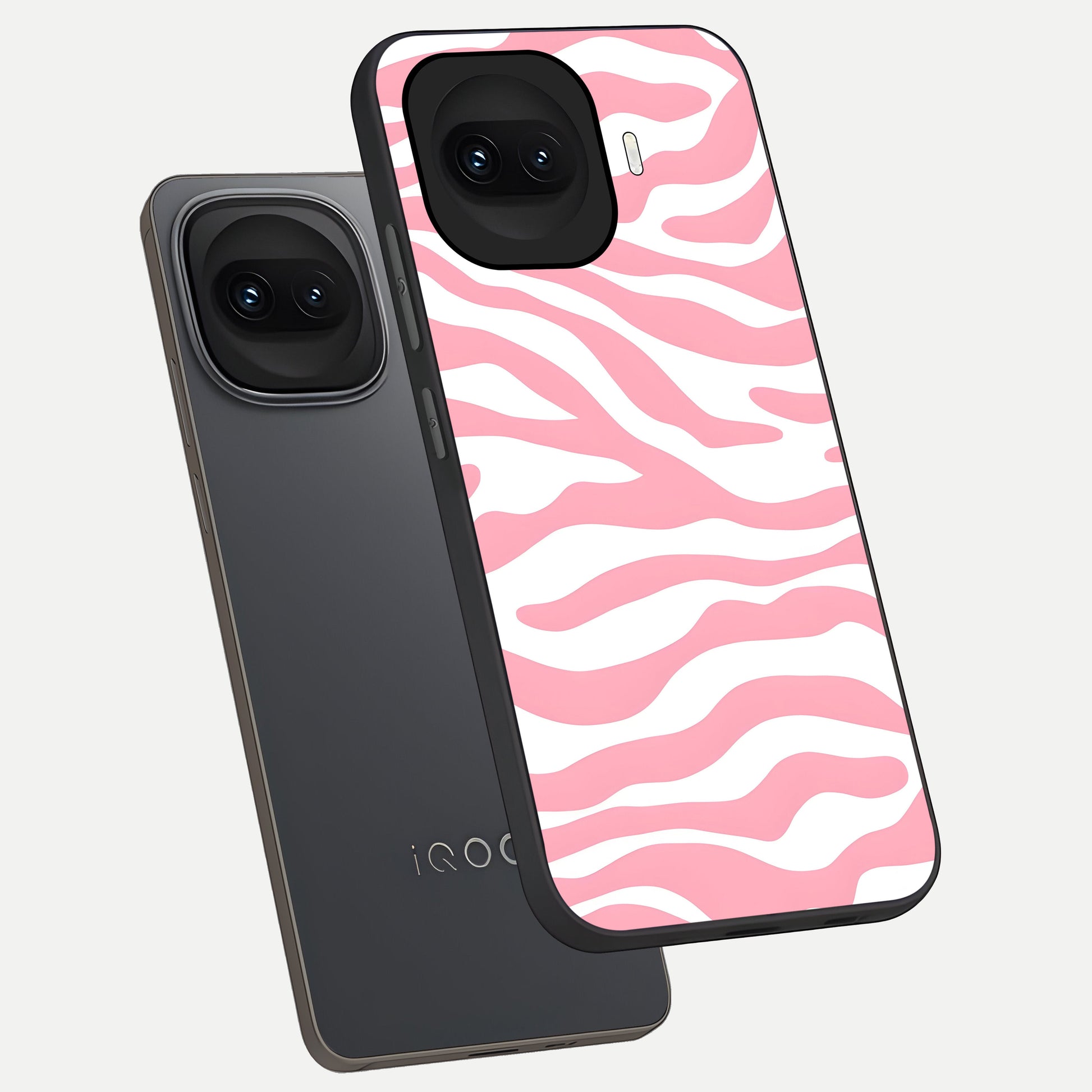  Blush Zebra Flow phone case for iQOO 15R showing premium glass back cover with detailed artwork