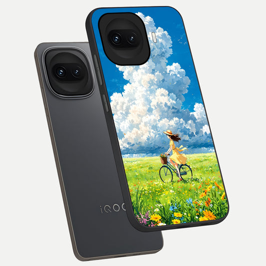  Breezy Meadow Ride phone case for iQOO 15R showing premium glass back cover with detailed artwork