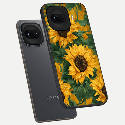  Bright Sunflower Bloom phone case for iQOO 15R showing premium glass back cover with detailed artwork