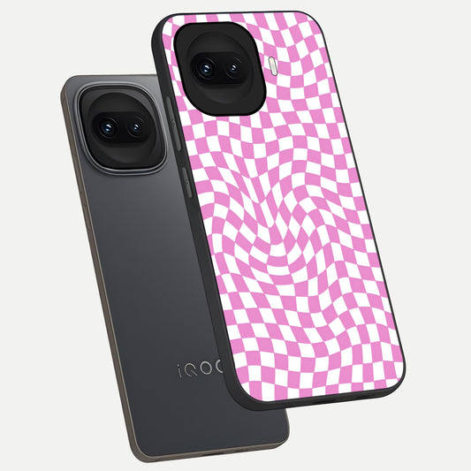  Bubblegum Check Wave phone case for iQOO 15R showing premium glass back cover with detailed artwork