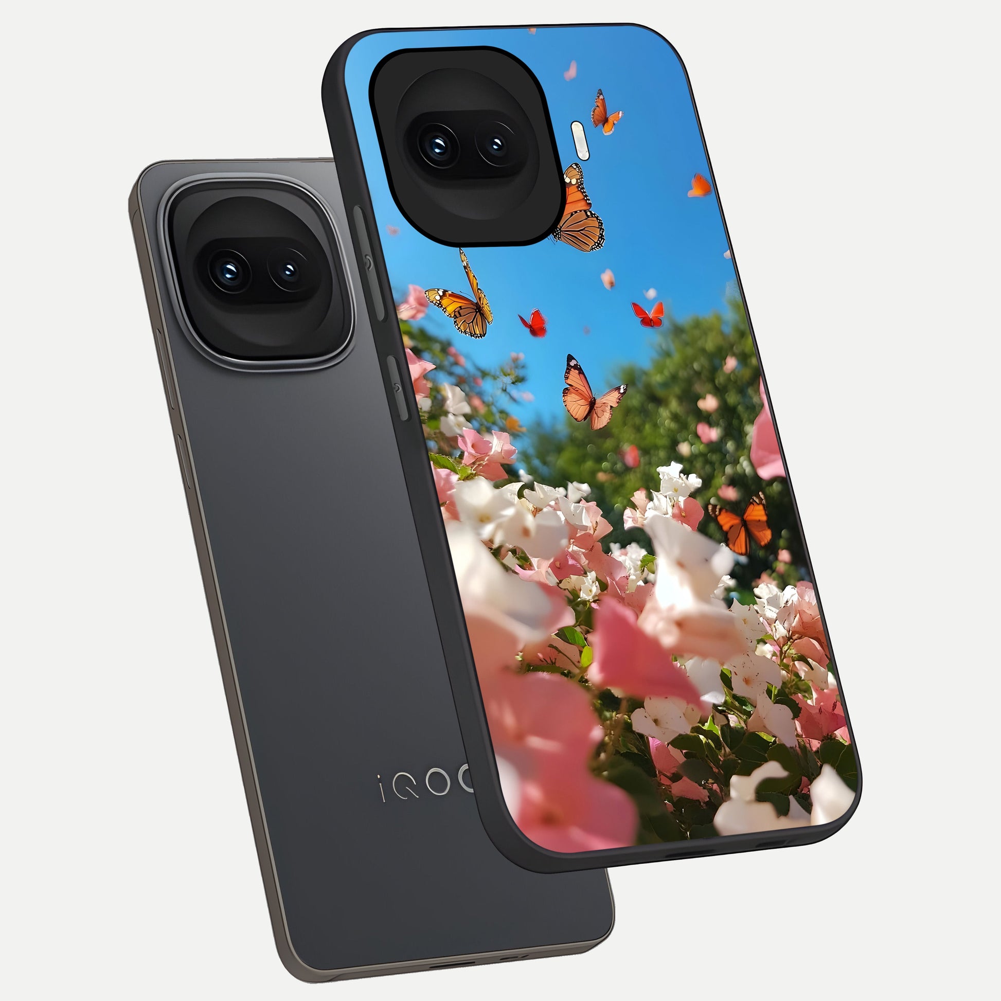  Butterflies In Bloom Sky phone case for iQOO 15R showing premium glass back cover with detailed artwork