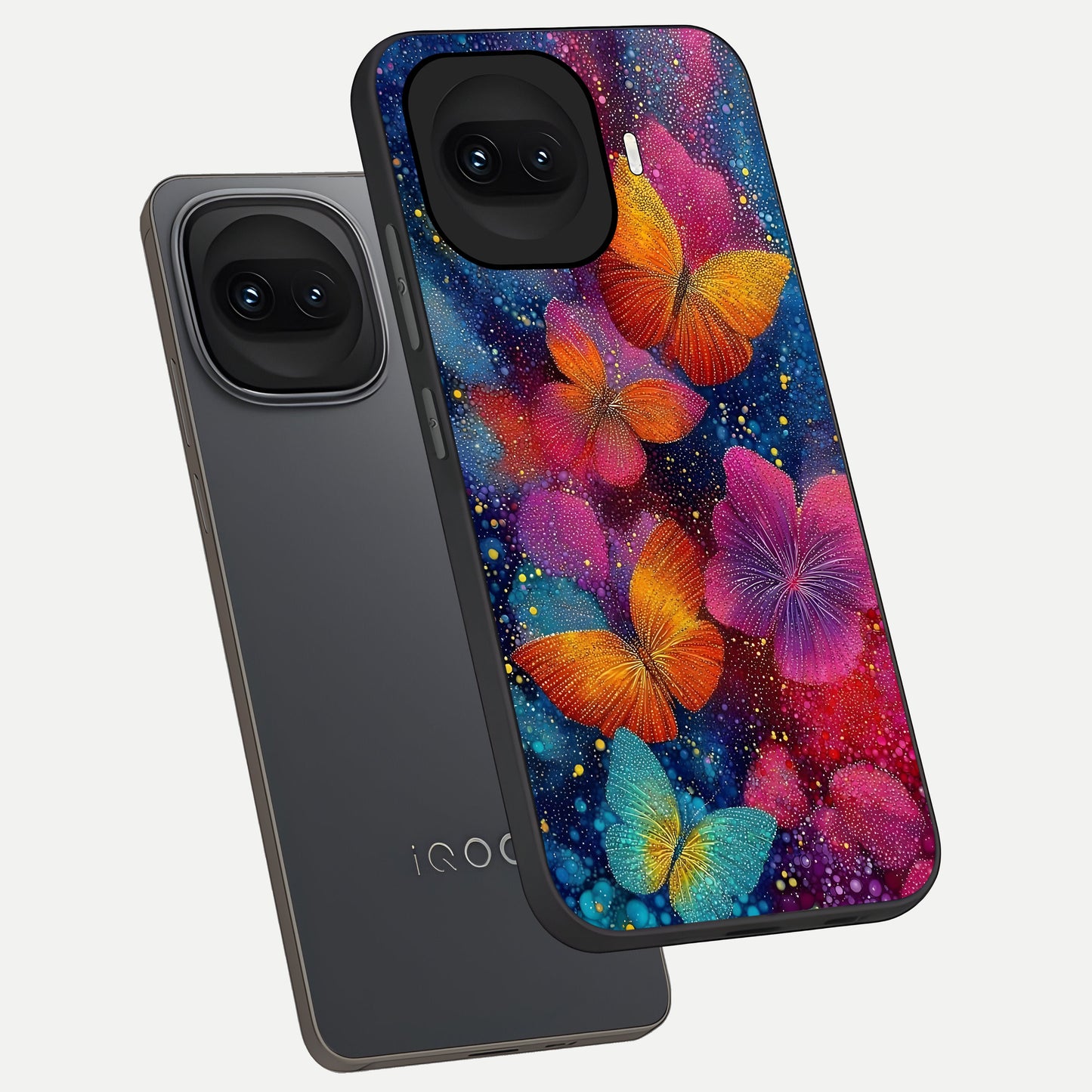  Butterfly Dream Mist phone case for iQOO 15R showing premium glass back cover with detailed artwork