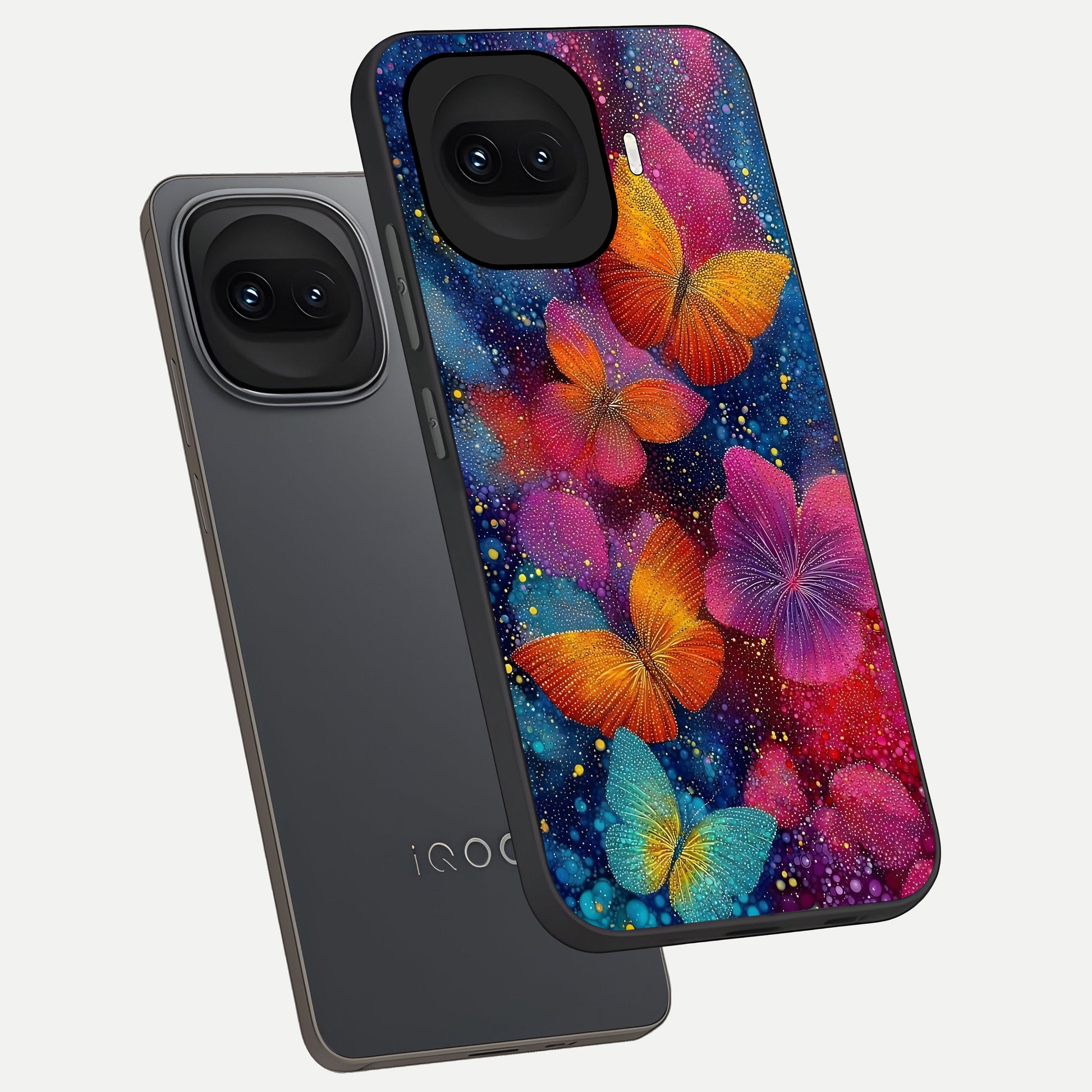  Butterfly Dream Mist phone case for iQOO 15R showing premium glass back cover with detailed artwork