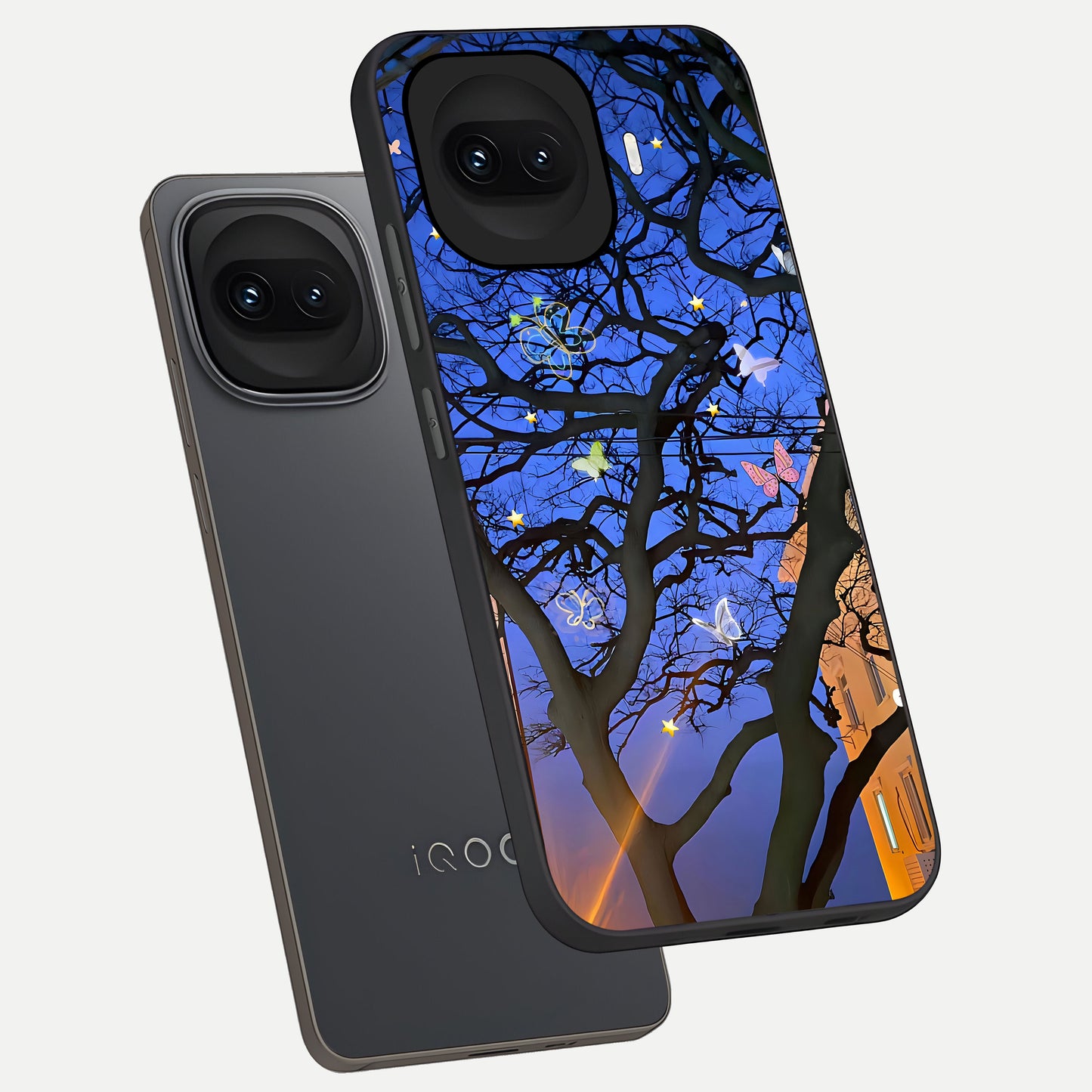  Butterfly Night Magic phone case for iQOO 15R showing premium glass back cover with detailed artwork