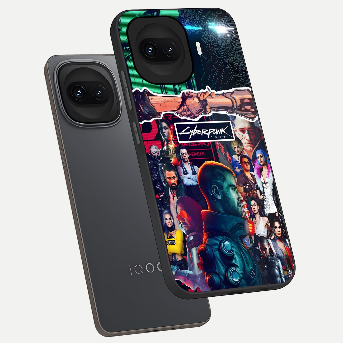  CYBERPUNK Legacy phone case for iQOO 15R showing premium glass back cover with detailed artwork