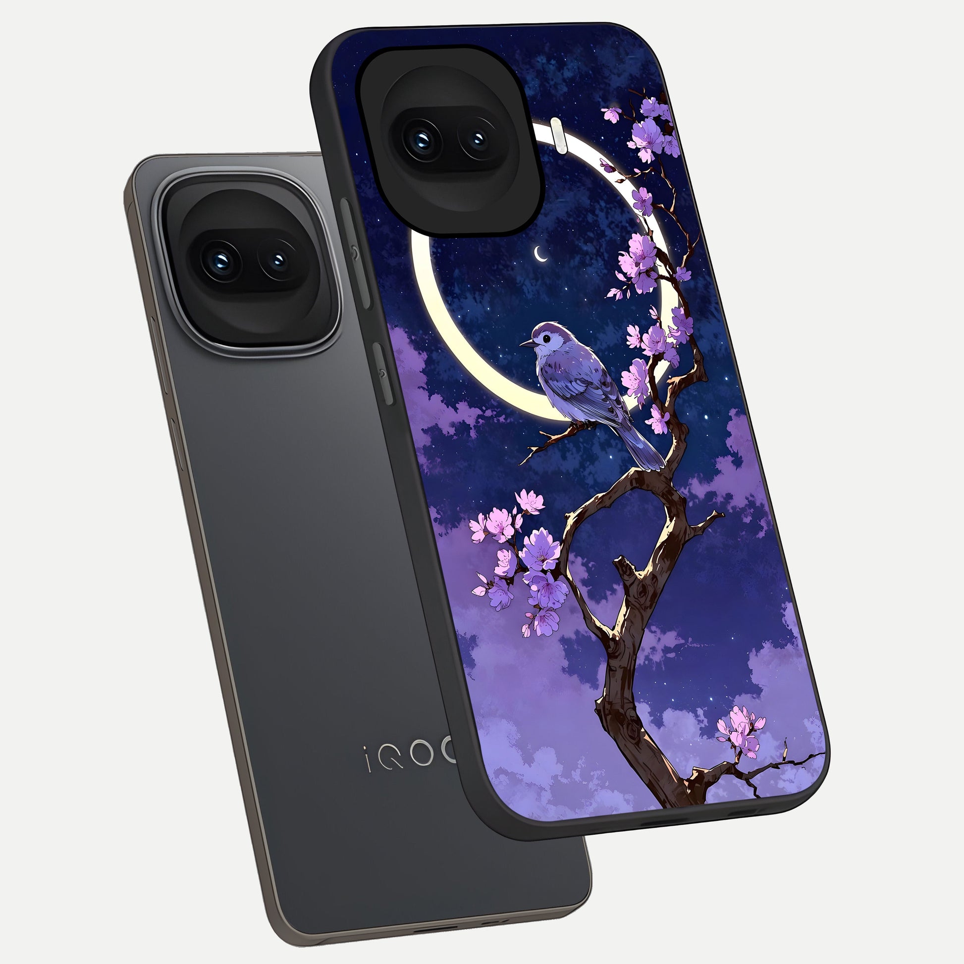  Celestial Bird Blossom phone case for iQOO 15R showing premium glass back cover with detailed artwork