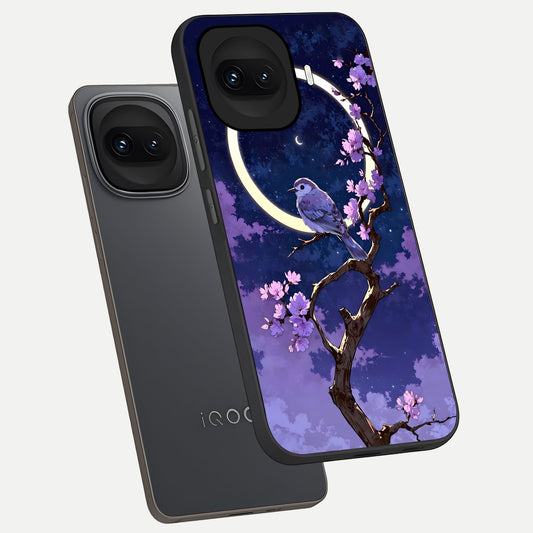  Celestial Bird Blossom phone case for iQOO 15R showing premium glass back cover with detailed artwork