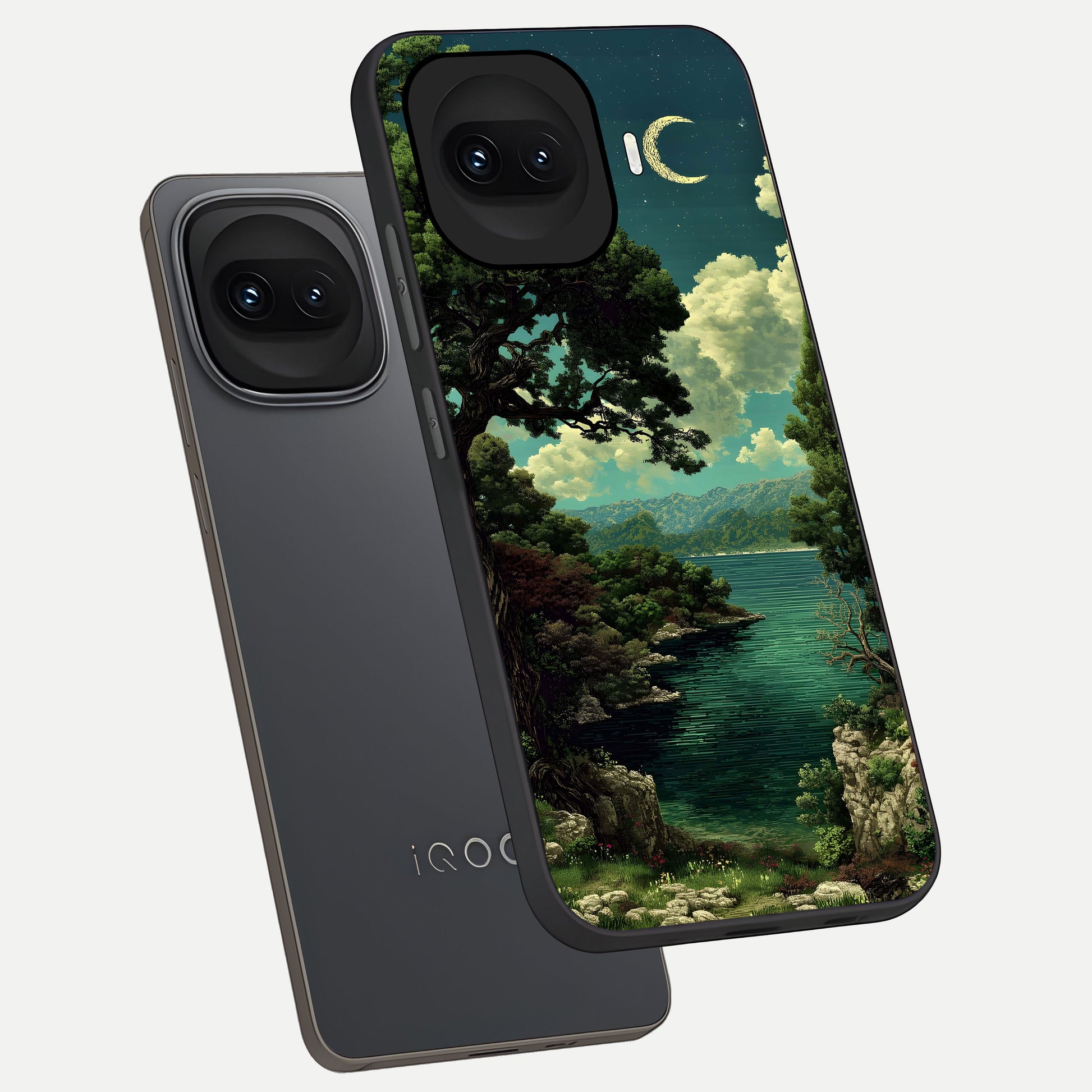  Celestial Lake Peace phone case for iQOO 15R showing premium glass back cover with detailed artwork