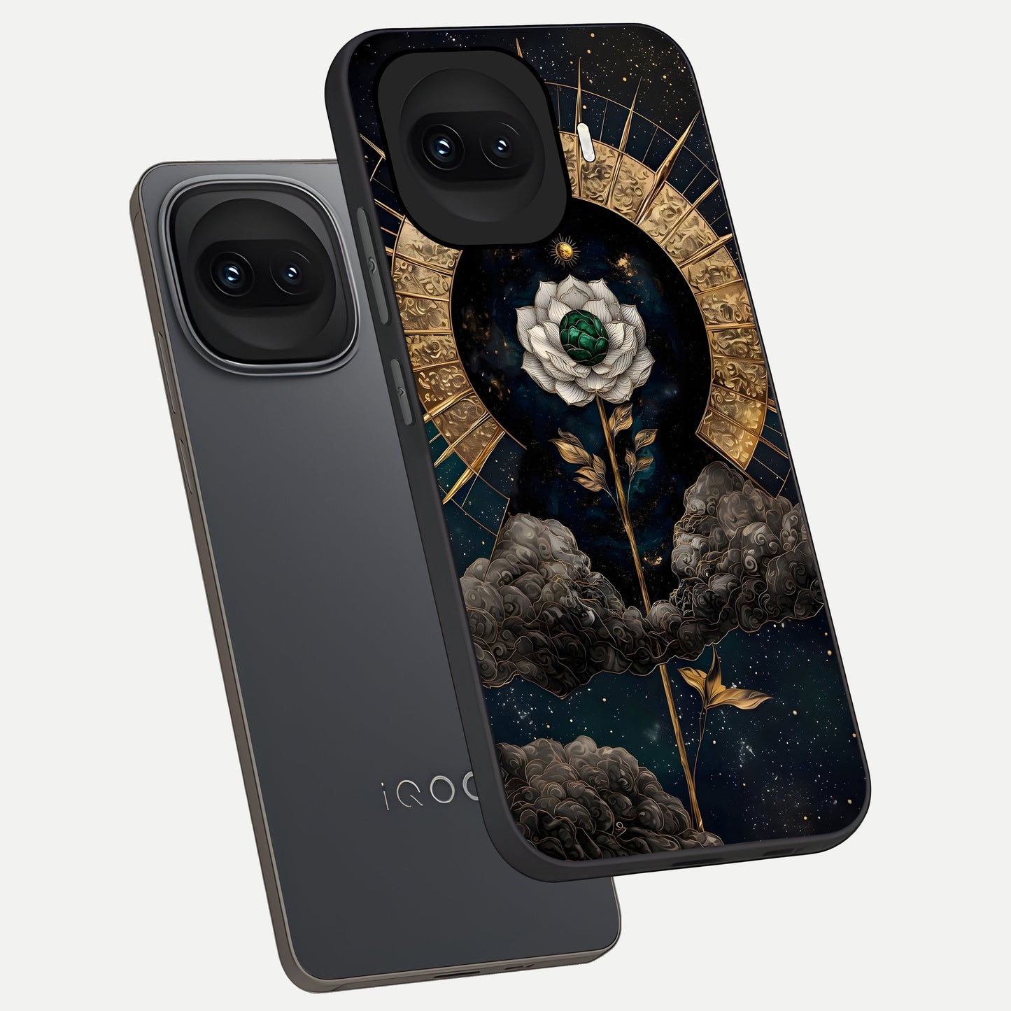  Celestial Lotus Morang phone case for iQOO 15R showing premium glass back cover with detailed artwork