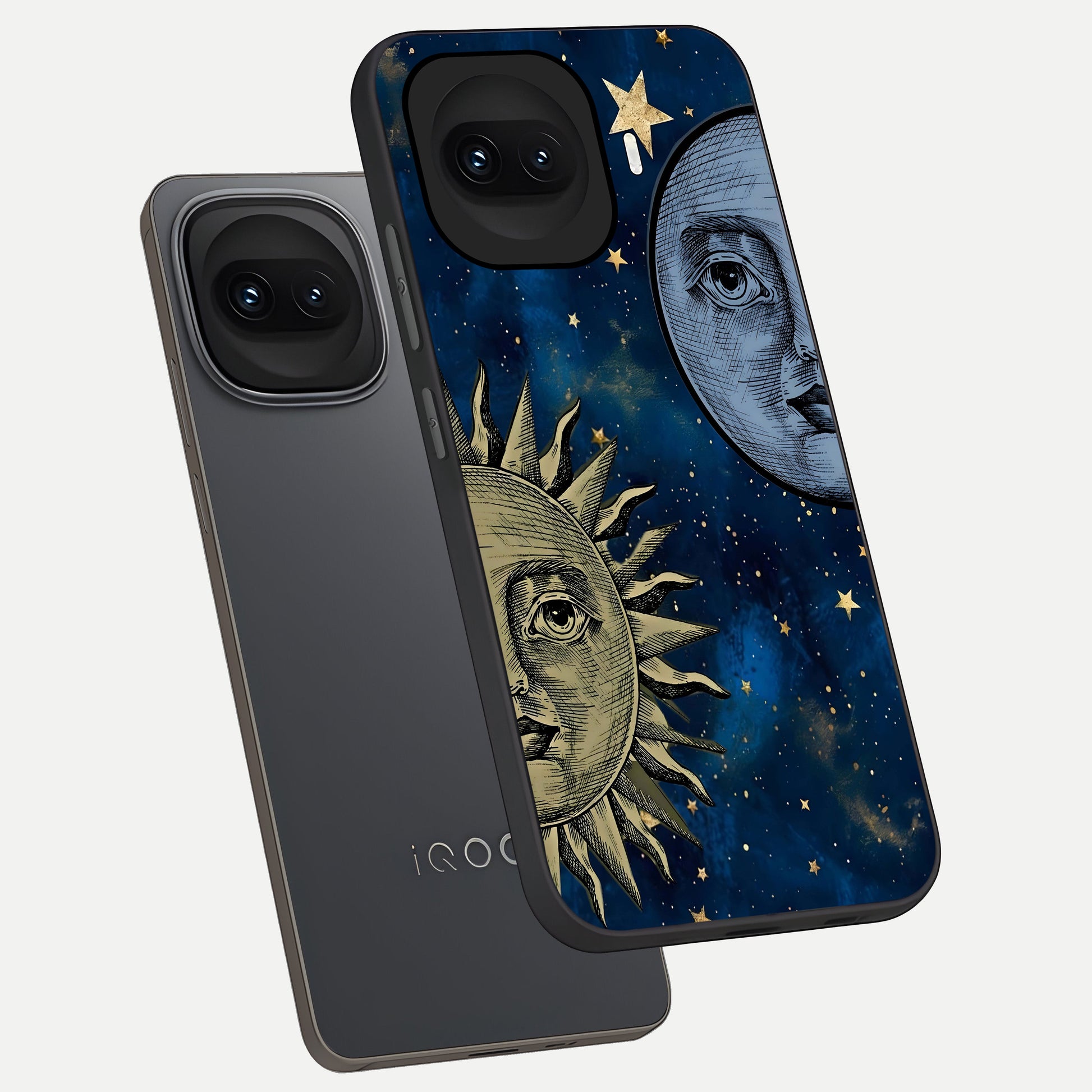  Celestial Moon With Sun phone case for iQOO 15R showing premium glass back cover with detailed artwork