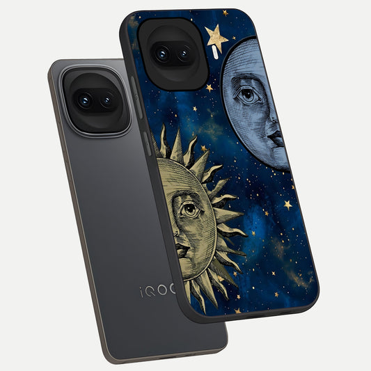  Celestial Moon With Sun phone case for iQOO 15R showing premium glass back cover with detailed artwork