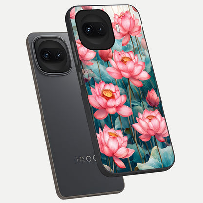  Celestial Pink Lotus phone case for iQOO 15R showing premium glass back cover with detailed artwork
