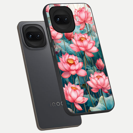  Celestial Pink Lotus phone case for iQOO 15R showing premium glass back cover with detailed artwork