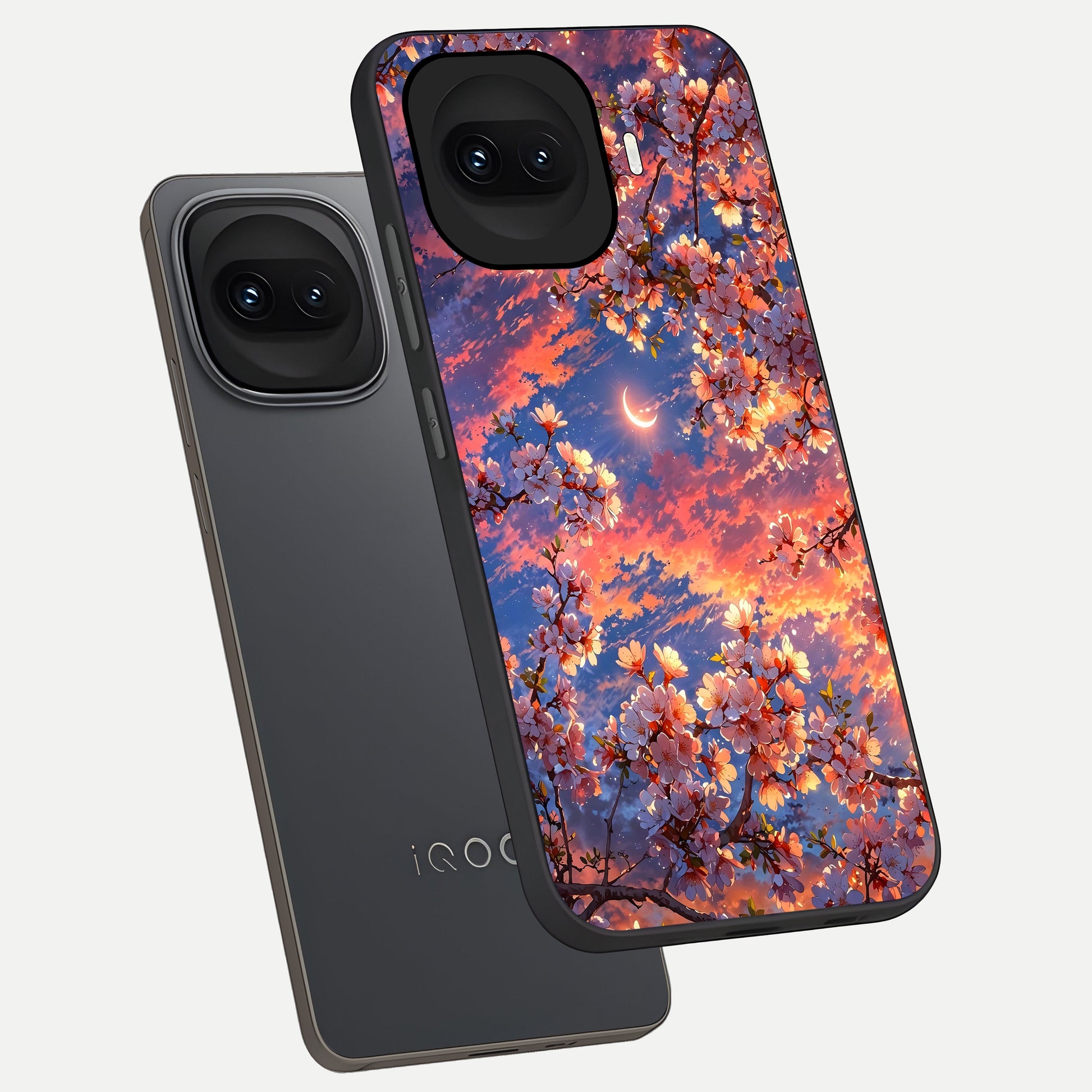  Celestial Sakura Sunset phone case for iQOO 15R showing premium glass back cover with detailed artwork