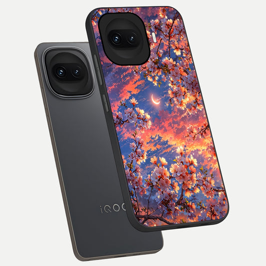  Celestial Sakura Sunset phone case for iQOO 15R showing premium glass back cover with detailed artwork