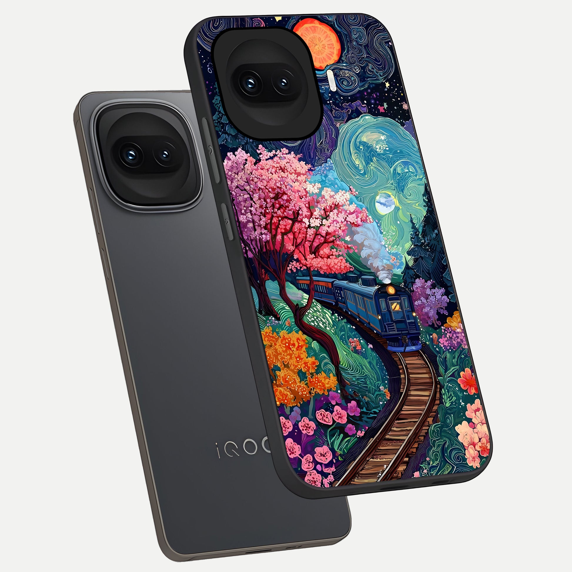  Celestial Train Journey phone case for iQOO 15R showing premium glass back cover with detailed artwork