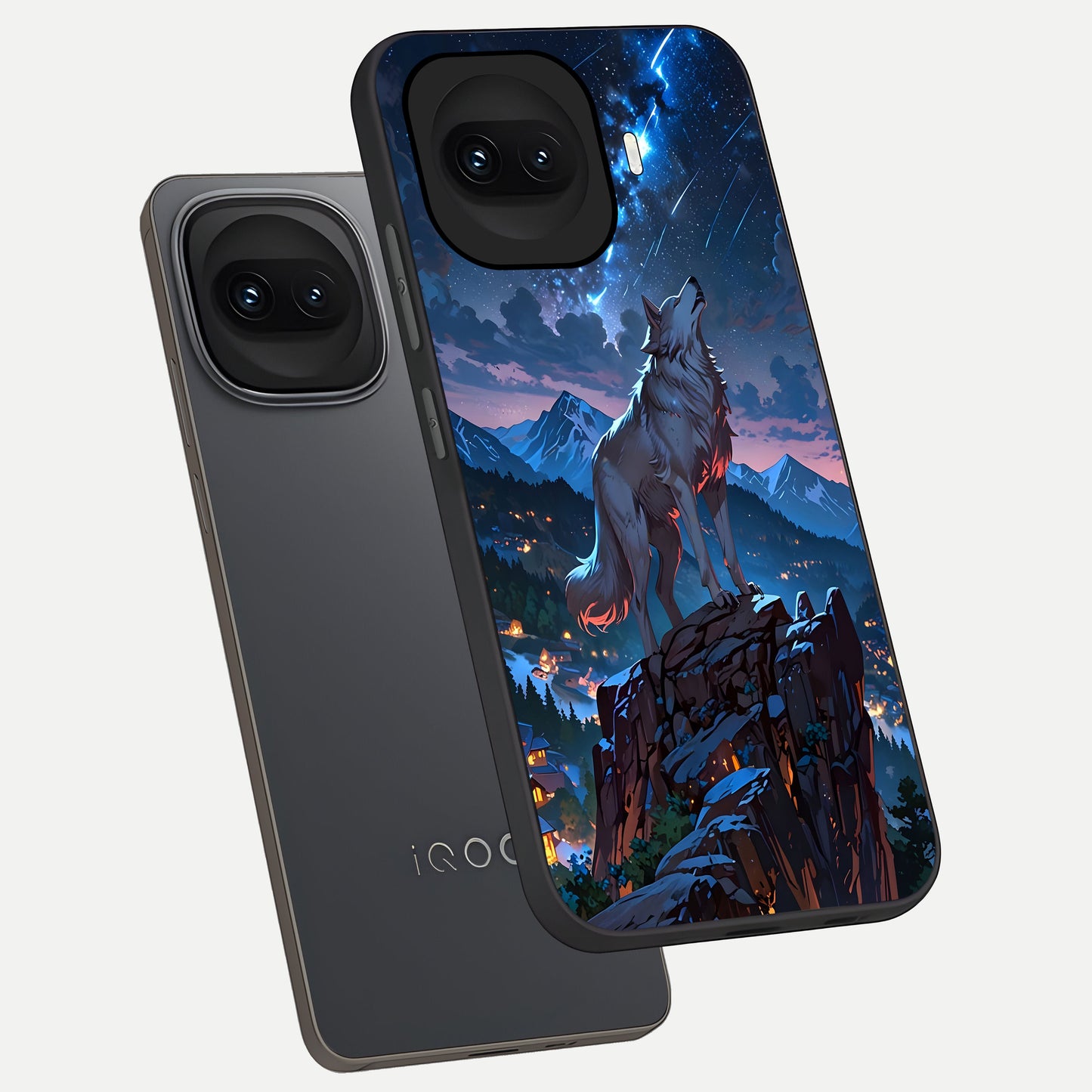  Celestial Wolf Howl phone case for iQOO 15R showing premium glass back cover with detailed artwork