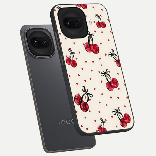  Cherry Heart Bow phone case for iQOO 15R showing premium glass back cover with detailed artwork
