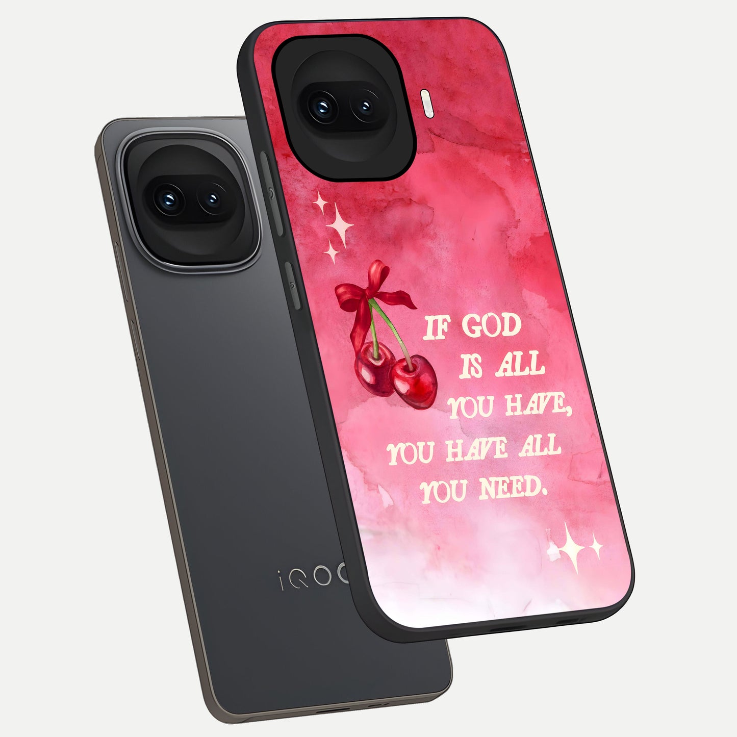  Cherry Quote phone case for iQOO 15R showing premium glass back cover with detailed artwork