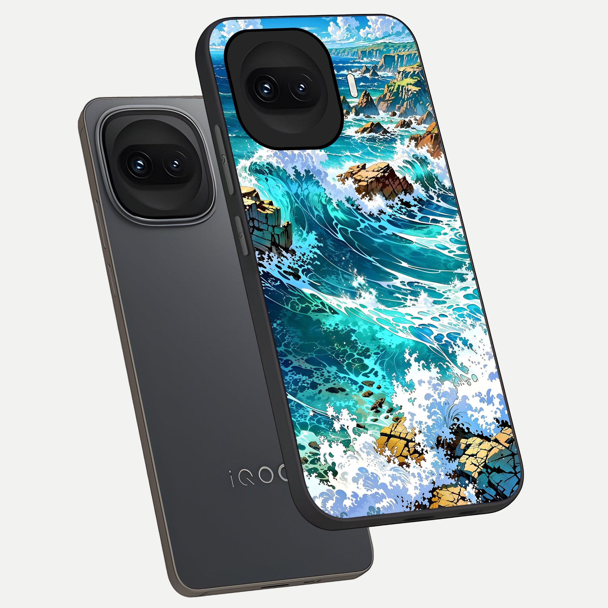  Coastal Blue Waves phone case for iQOO 15R showing premium glass back cover with detailed artwork