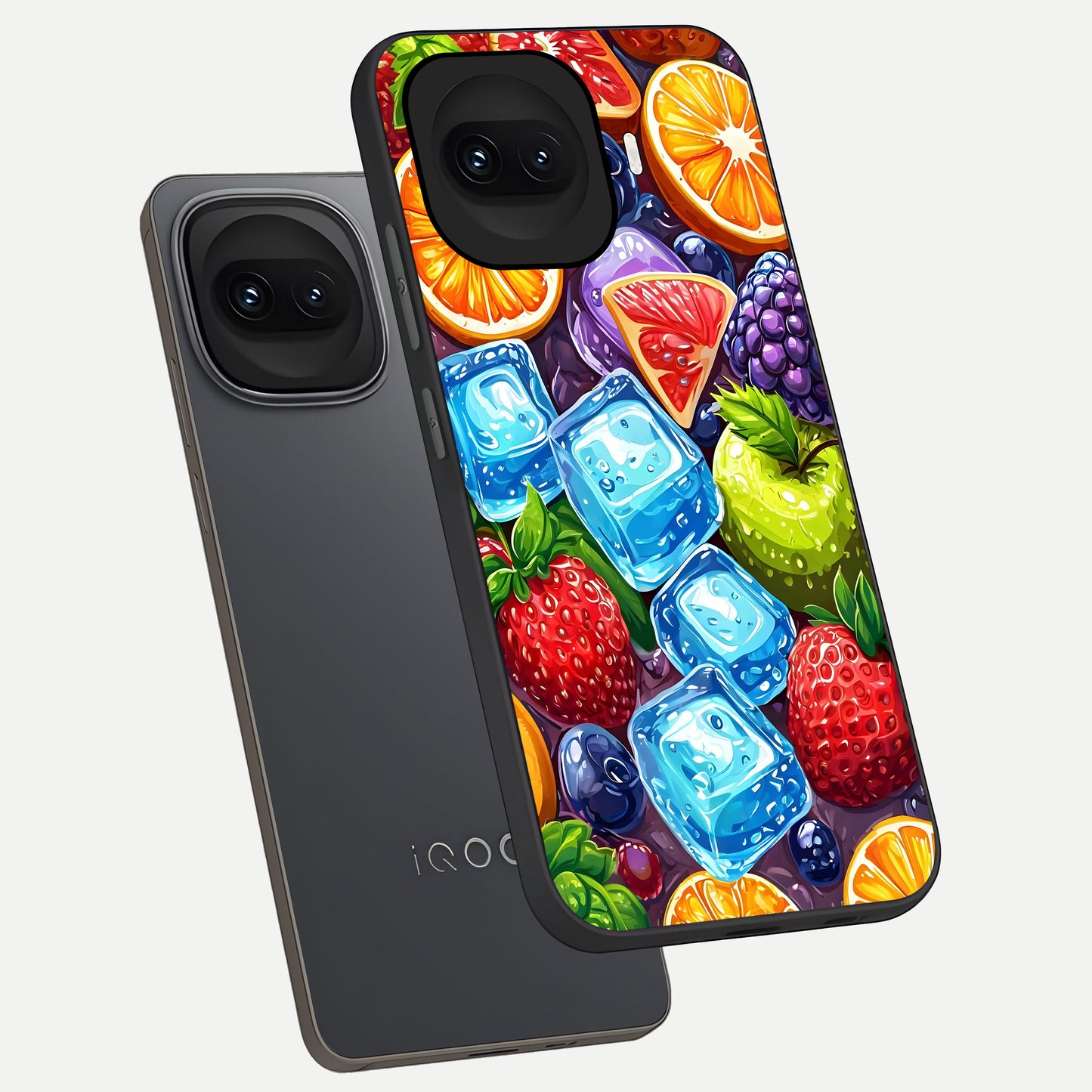  Colorful Fruits with Ice phone case for iQOO 15R showing premium glass back cover with detailed artwork