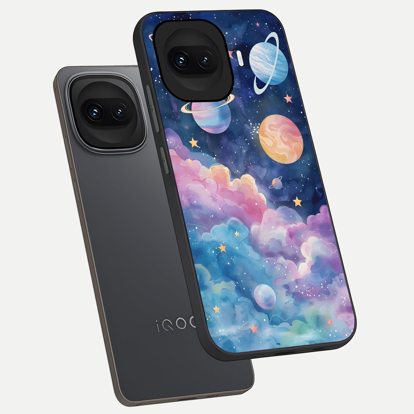  Cosmic Planet Dreams phone case for iQOO 15R showing premium glass back cover with detailed artwork