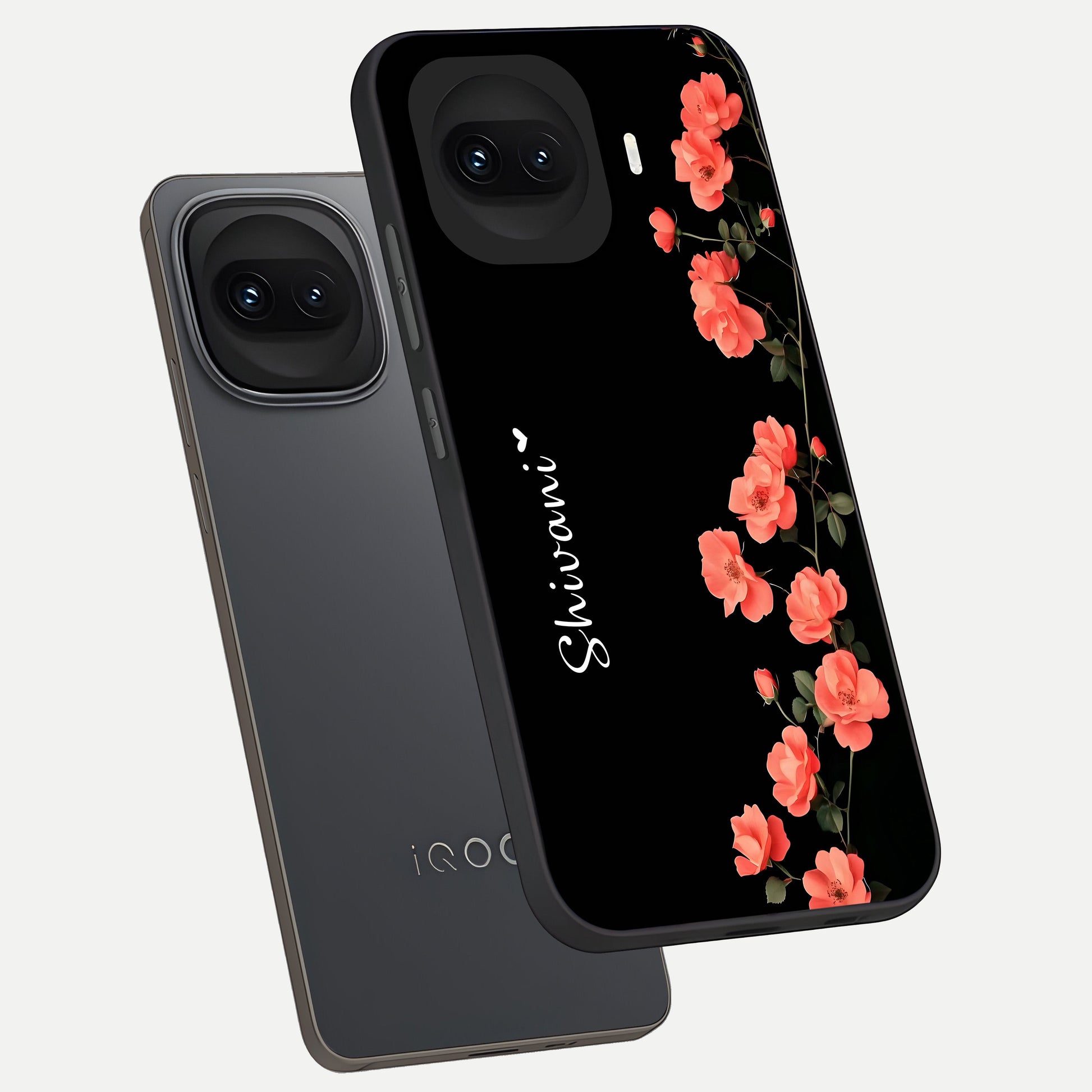  Crimson Bloom Grace Custom Name phone case for iQOO 15R showing premium glass back cover with detailed artwork