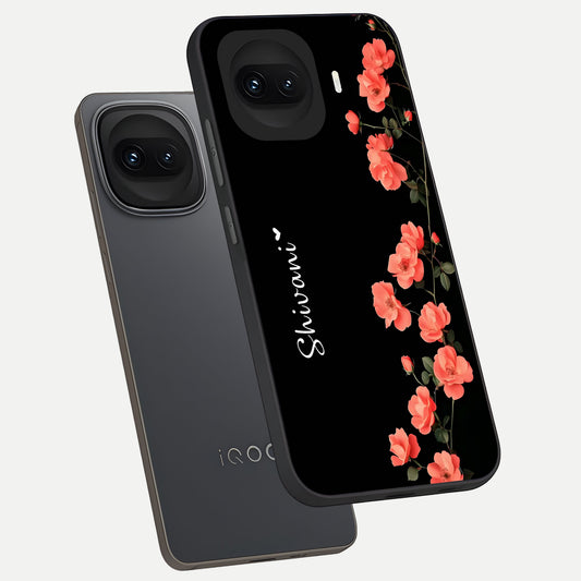  Crimson Bloom Grace Custom Name phone case for iQOO 15R showing premium glass back cover with detailed artwork