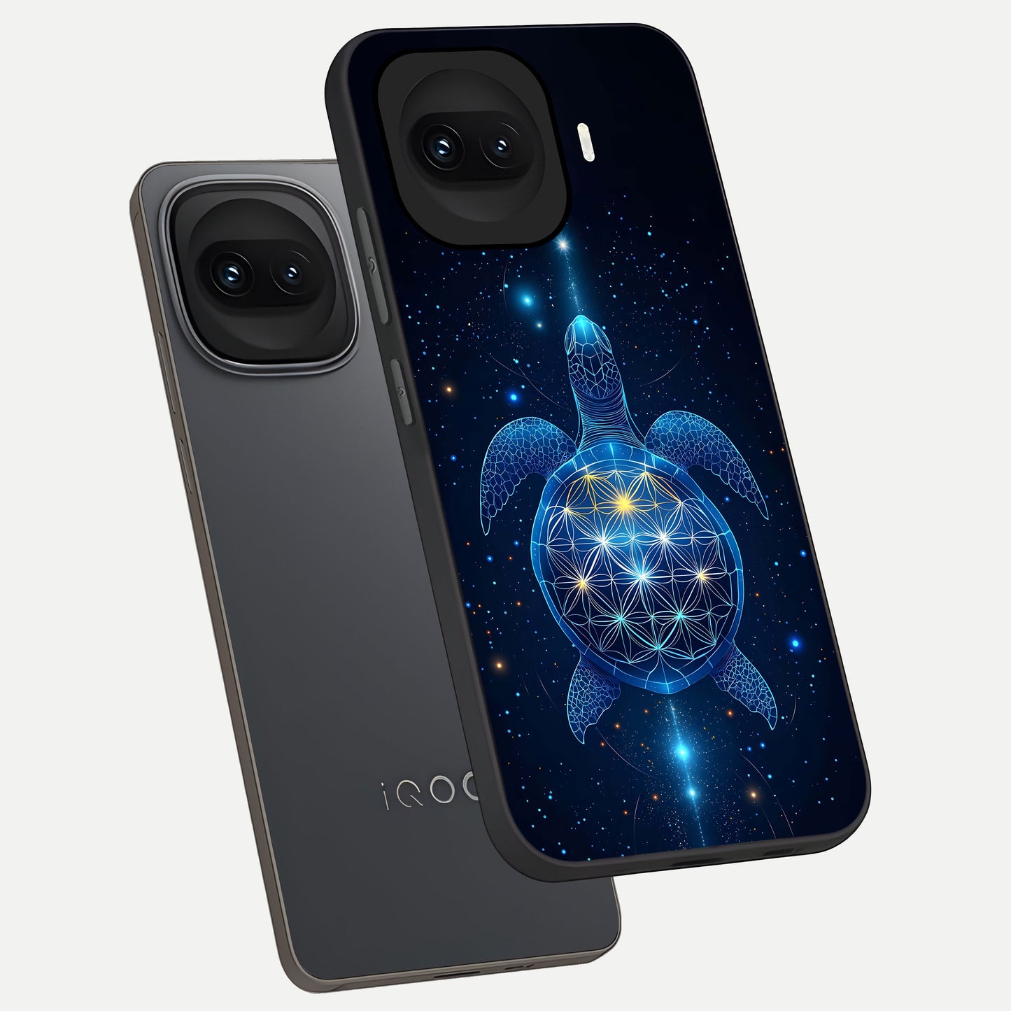  Crimson Blue Turtle phone case for iQOO 15R showing premium glass back cover with detailed artwork