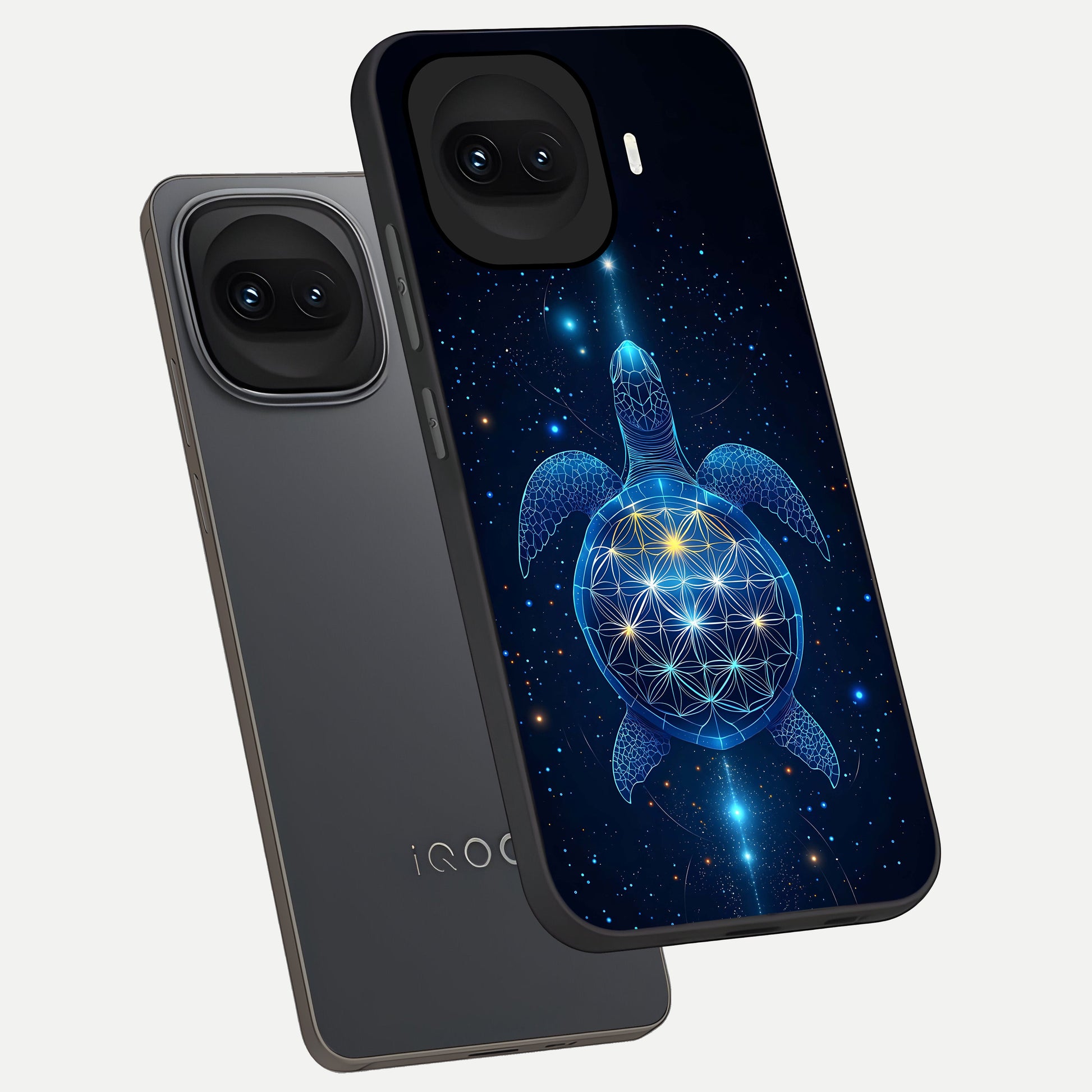  Crimson Blue Turtle phone case for iQOO 15R showing premium glass back cover with detailed artwork