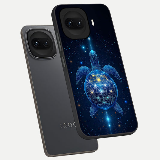  Crimson Blue Turtle phone case for iQOO 15R showing premium glass back cover with detailed artwork