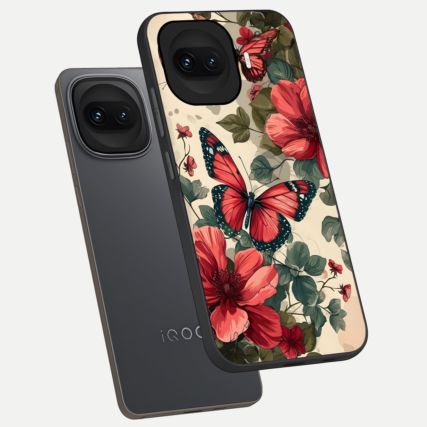  Crimson Butterfly Garden phone case for iQOO 15R showing premium glass back cover with detailed artwork