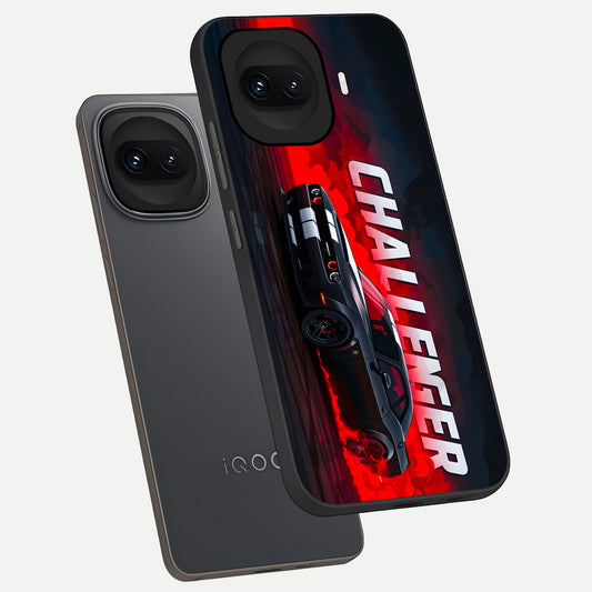  Crimson Challenger Fury phone case for iQOO 15R showing premium glass back cover with detailed artwork
