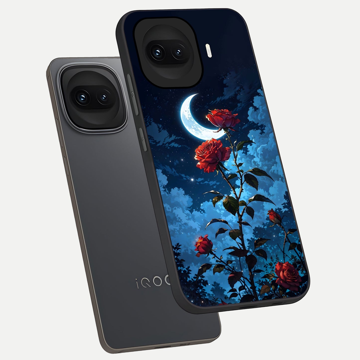  Crimson Rose Moon phone case for iQOO 15R showing premium glass back cover with detailed artwork