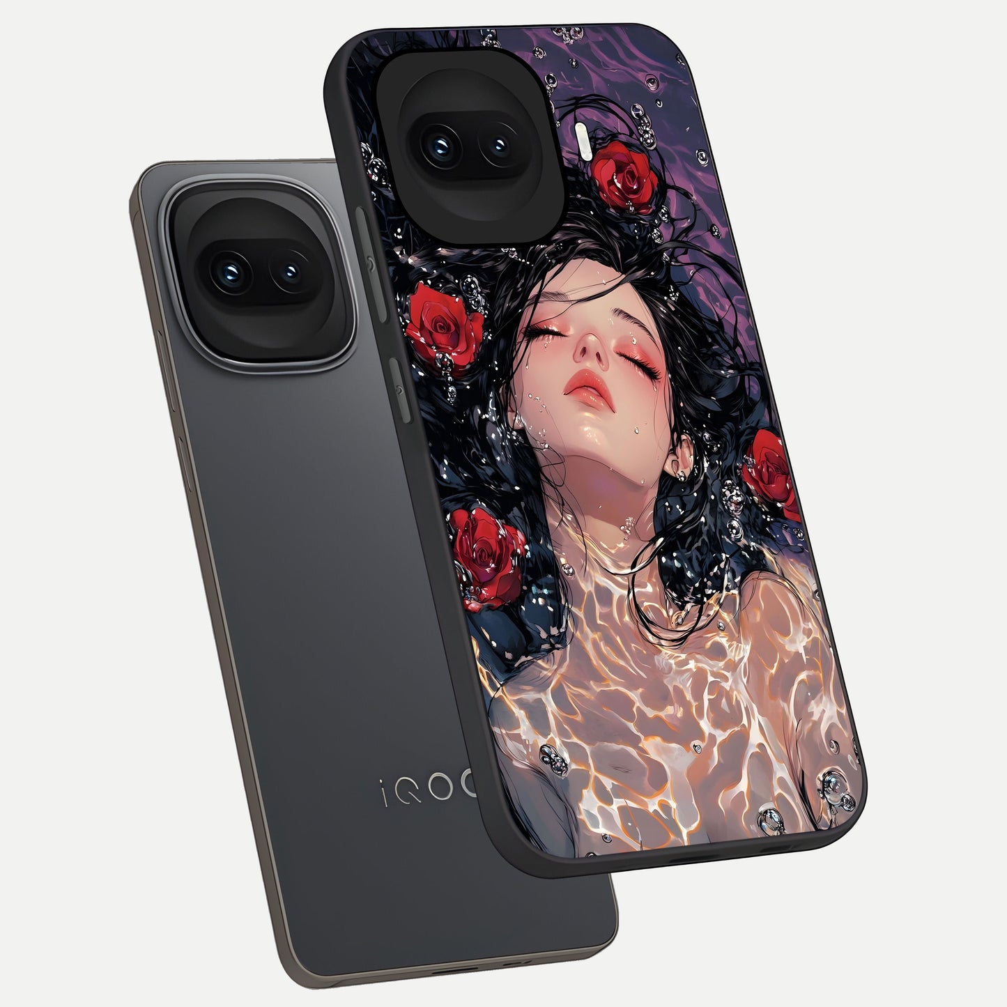  Crimson Rose Serenity phone case for iQOO 15R showing premium glass back cover with detailed artwork